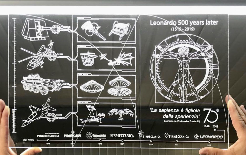 Lighting incision on plexiglass with my design to celebrate 70 years of Leonardo design and incision by Antonio Rossi